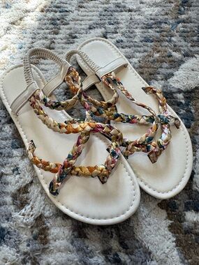 Braided Multicolor Strap White Sandals for Women
